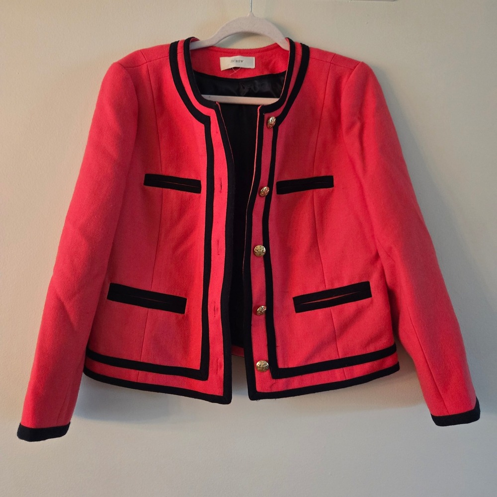 J.Crew Coral Pink Wool Lady Jacket Blazer Black Trim Gold Crest Buttons Preppy